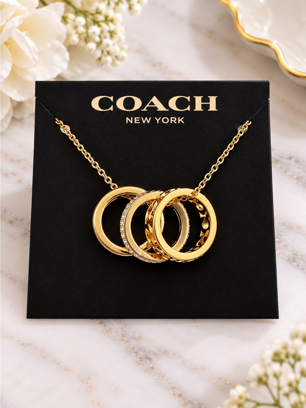 COACH Gold Interlocking Triple Ring Necklace - Picture 6 of 6